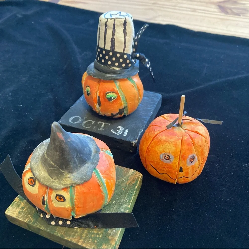Three Handmade Original  Ceramic Halloween Pumpkins 3”-5”